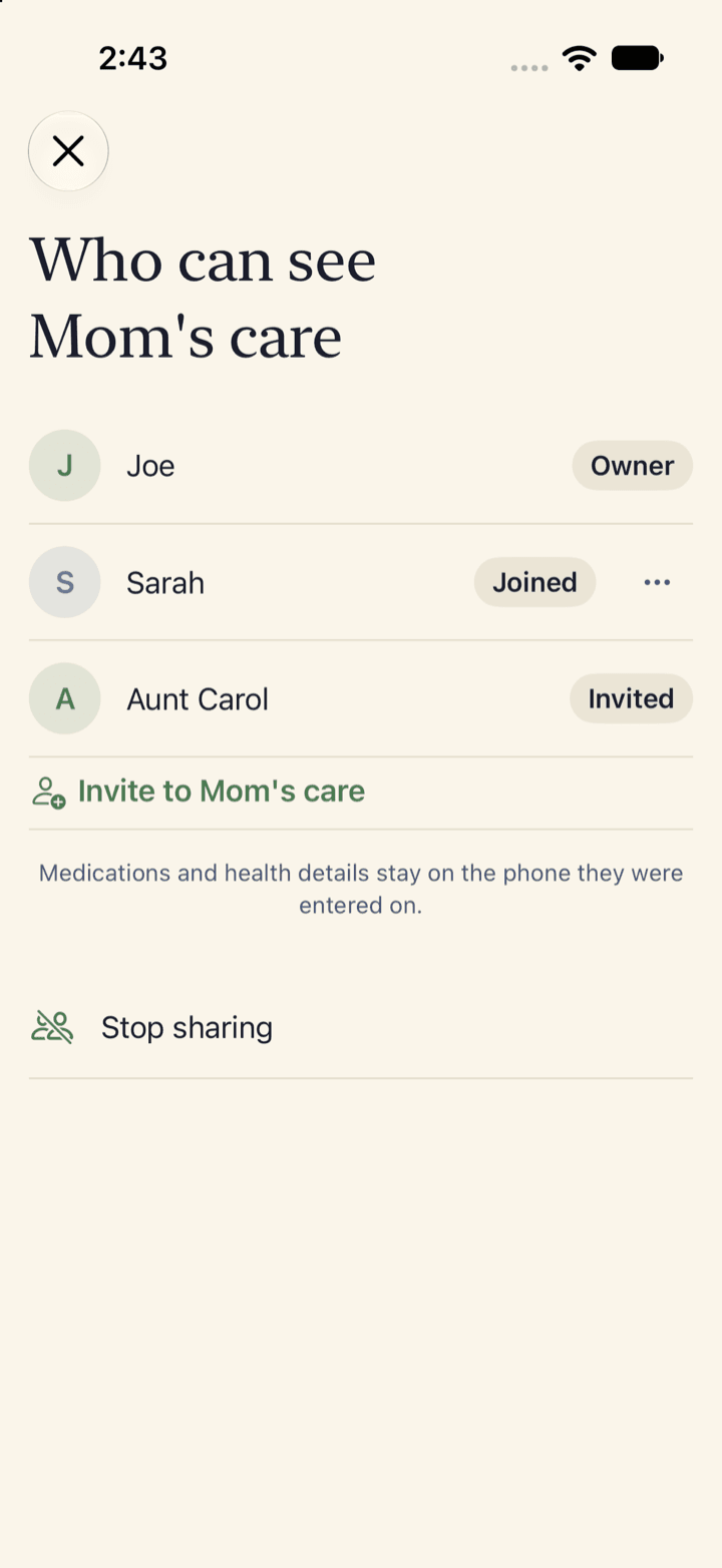 Who can see Mom's care: Joe as owner, Sarah joined and Aunt Carol invited, with a note that medications and health details stay on the phone they were entered on.
