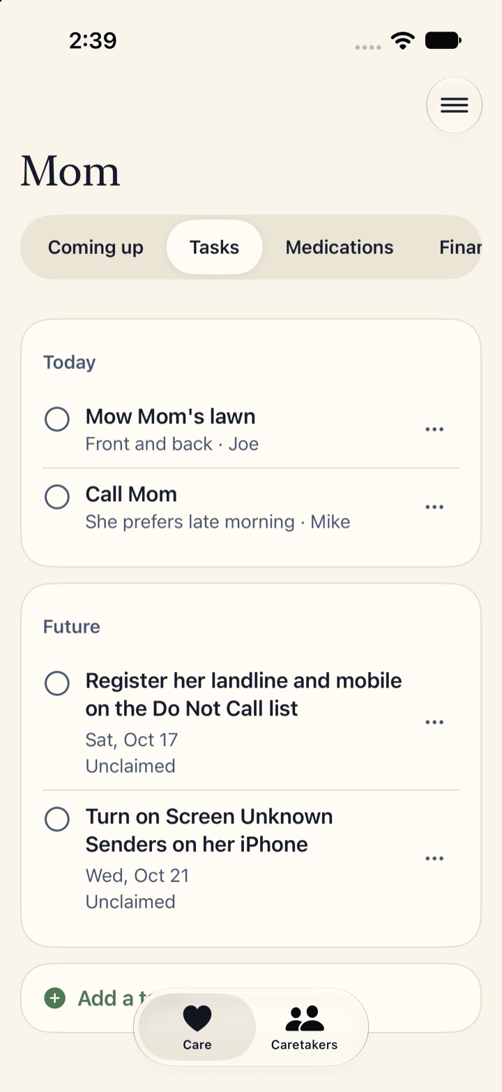 The Tasks list for Mom: mowing the lawn with Joe's name on it and a call to Mom with Mike's today, then two future jobs marked Unclaimed.
